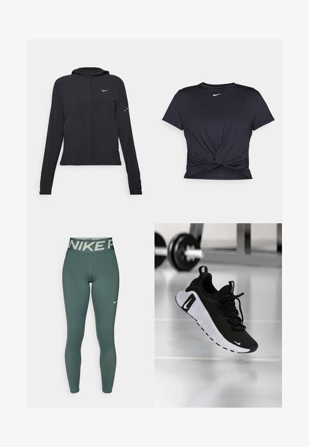 Must musta kapuutsiga jakk, millel on pikad varrukad ja mis on valmistatud kergetest materjalidest. Omab esitaskut, Nike logo ja kergelt silmatorkavaid disainiaktsente.; Mustmust musta sportlik T-särk, mis on valmistatud sujuvast kangast, millel on sõlmega esikülg ja väike valge Nike logo rinnal.; Rohelised sportlikud legginsid laia vöökohtaga, millel on "NIKE PRO" logo, tihedalt istuv ja siledat tekstuuri; loodud mugavuseks ja liikuvuseks.; Must spordijalats, millel on tekstureeritud kangast pealmine osa, valge tallaga ja silmatorkava paelasüsteemiga. Omab Nike logo ning pehme ja polsterdatud disain.
