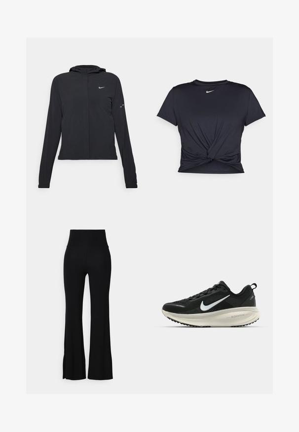 Mustassa hupparissa on pitkät hihat, ja se on valmistettu kevyestä materiaalista. Siinä on edessä vetoketju, Nike-logo ja hillityt muotoiluyksityiskohdat.; Musta urheilu T-paita, joka on valmistettu sileästä kankaasta, jossa on solmittu etuosa ja pieni valkoinen Nike-logo rinnassa.; Mustat levenevät housut, jotka on valmistettu joustavasta kankaasta, joissa on korkea vyötärö ja sileä pinta. Huomaavainen leveneminen alkaa polvesta.; Mustat Nike-juoksukengät, joissa on hengittävä verkko-osa, valkoinen swoosh-logo, teksturoitu yksityiskohtaus ja kermaisen värinen ZoomX-välipohja.