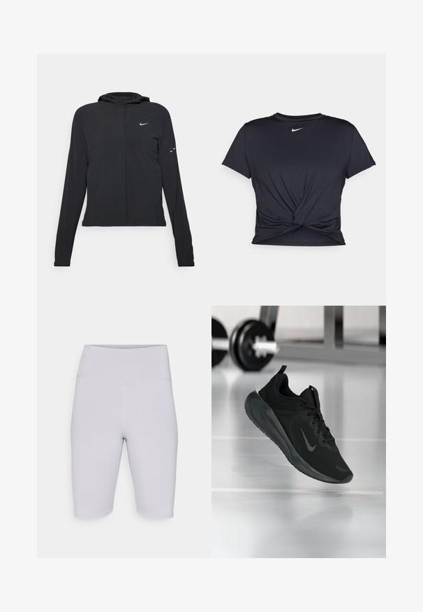 Fekete kapucnis dzseki hosszú ujjakkal, könnyű anyagból készült. Elülső cipzárral, Nike logóval és diszkrét dizájn elemekkel rendelkezik.; Fekete sportpóló sima anyagból, elöl megkötős dizájnnal, a mellkason egy kis fehér Nike logóval.; Világosszürke kerékpáros rövidnadrág rugalmas anyagból, magas derékkal, sima textúrával, látható minták vagy díszítések nélkül.; Fekete sportcipő Nike logóval, amely a levegőben látható az edzőterem padlóján, a háttérben elmosódott kézi súlyzó állvánnyal.