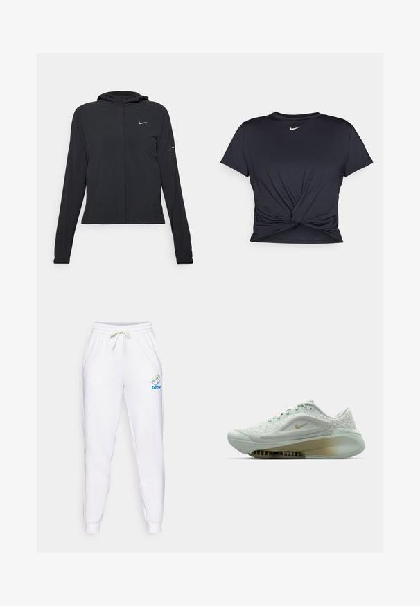 Fekete kapucnis dzseki hosszú ujjakkal, könnyű anyagból készült. Elülső cipzárral, Nike logóval és diszkrét dizájn elemekkel rendelkezik.; Fekete sportpóló sima anyagból, elöl megkötős dizájnnal, a mellkason egy kis fehér Nike logóval.; Fehér melegítőnadrág elasztikus derékkal és állítható zsinórral. Bal combnál kék és színes Lotto logó található.; Fehér sportcipő texturált felsőrésszel, kerek orral, fűzőkkel és látható párnázottsággal a talpán. Arany Nike logóval és elegáns dizájnnal rendelkezik.