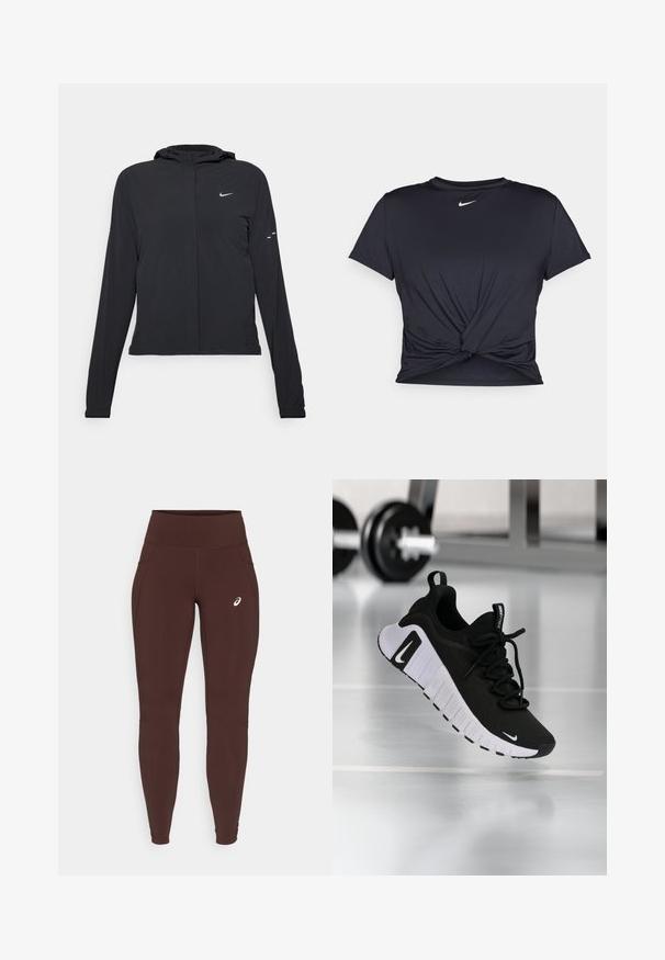 Zwarte kaptrui met lange mouwen, gemaakt van lichtgewicht materiaal. Voorzien van een ritssluiting aan de voorkant, een Nike-logo en subtiele ontwerpelementen.; Zwarte sportieve T-shirt van gladde stof, met een geknoopt ontwerp aan de voorkant en een klein wit Nike-logo op de borst.; Bruine legging gemaakt van rekbare stof met een hoge tailleband, voorzien van zijzakken en een subtiel logo op de linkerdij.; Zwarte sportschoen met een textuurstof bovenwerk, witte zool en een opvallend vetersysteem. Voorzien van een Nike-logo en een zacht, gedempt ontwerp.