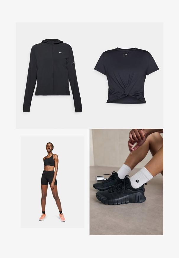 Schwarze Kapuzenjacke mit langen Ärmeln, aus leichtem Material gefertigt. Sie hat einen vorderen Reißverschluss, ein Nike-Logo und dezente Designelemente.; Schwarzes Sport-T-Shirt aus glattem Stoff, mit einem geknoteten Vorderdesign und einem kleinen weißen Nike-Logo auf der Brust.; Schwarzer Sport-BH und Shorts aus elastischem Material, mit figurbetontem Design. Orangefarbene und weiße Sportschuhe ergänzen das Outfit.; Schwarze Sportschuhe aus strukturiertem Stoff, mit Schnürdesign und auffälliger Sohle, kombiniert mit weißen gerippten Socken, die ein kleines Logo tragen.