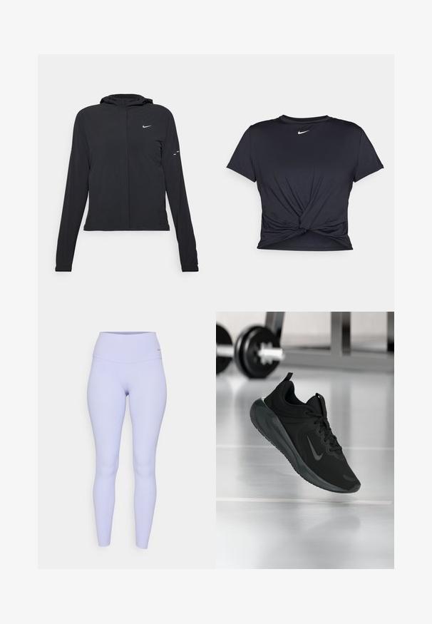 Czarna kurtka z kapturem, z długimi rękawami, wykonana z lekkiego materiału. Posiada zamek błyskawiczny z przodu, logo Nike oraz subtelne akcenty wzornicze.; Czarna sportowa koszulka z gładkiego materiału, z wiązanym przodem i małym białym logo Nike na piersi.; Jasnofioletowe legginsy z wysokim pasem, wykonane z elastycznego materiału. Gładka tekstura i brak widocznych wzorów czy elementów metalowych.; Czarny sportowy sneaker z logo Nike, pokazany w powietrzu na podłodze siłowni, z rozmytym regałem z hantlami w tle.