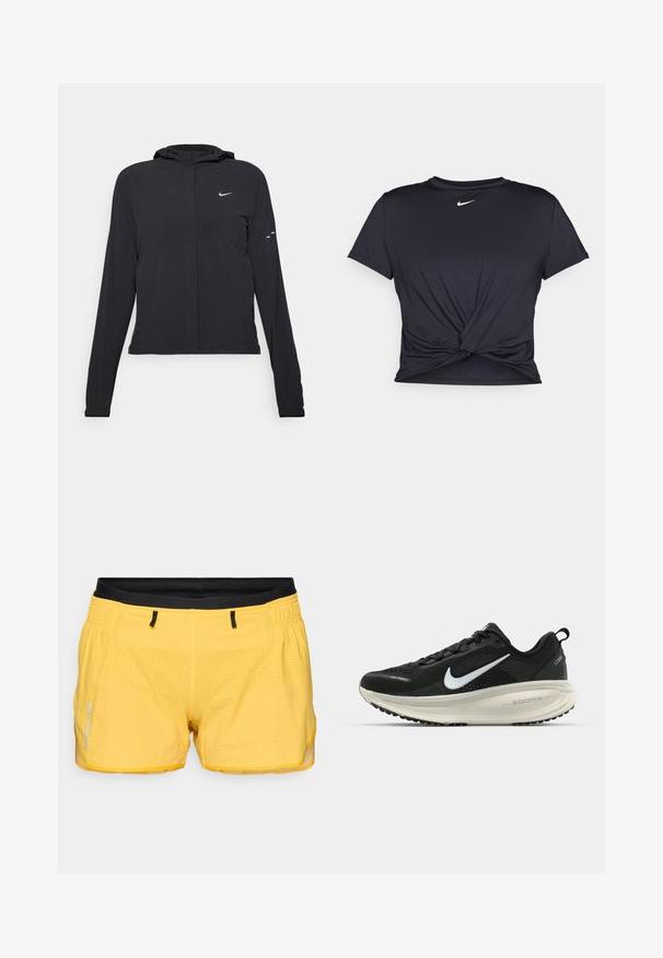 Casaco preto com capuz e mangas longas, feito de material leve. Apresenta um fecho dourado na frente, um logótipo da Nike e detalhes de design subtis.; T-shirt atlético preto feito de tecido liso, apresentando um design frontal com nó e um pequeno logótipo branco da Nike no peito.; Calções atléticos amarelos com um tecido de malha texturizado, cintura elástica preta e detalhes refletivos. Possui dois bolsos laterais.; Sapatilha de corrida Nike preta com parte superior de malha respirável, logotipo Swoosh branco, detalhes texturizados e uma entressola ZoomX na cor creme.