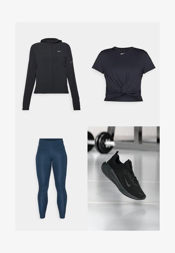 Juodas gobtuvas striukė su ilgomis rankovėmis, pagaminta iš lengvo audinio. Pasižymi priekiniais užtrauktukais, Nike logotipu ir subtiliais dizaino akcentais.; Juodas sportinis marškinėlis, pagamintas iš lygios medžiagos, su surišta priekiu ir mažu baltu Nike logotipu ant krūtinės.; Tamsiai mėlynos leggingės su aukšta juosmens linija, pagamintos iš lygios, elastingos medžiagos, pasižyminčios prigludusia siluetu ir be matomų raštų.; Juodas sportinis sportbačiai su Nike logotipu, pavaizduoti ore virš sporto salės grindų, fone išblurinta hantelių laikiklis.