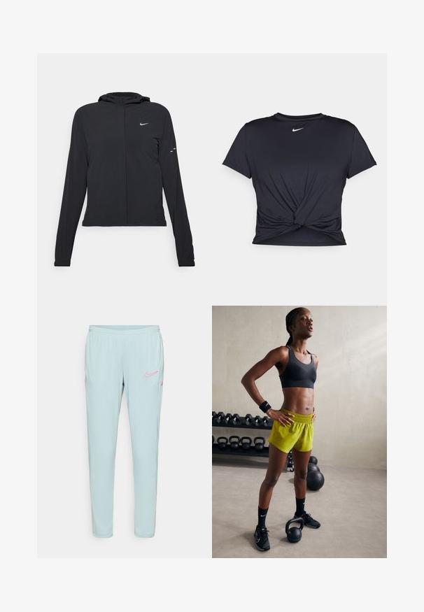 Black hooded jacket with long sleeves, made from lightweight material. Features a front zipper, a Nike logo, and subtle design accents.; Black athletic t-shirt made of smooth fabric, featuring a knotted front design and a small white Nike logo on the chest.; Light blue Nike sweatpants with a smooth texture, elastic waistband, and pink logo accents on the left thigh and pockets.; Black sports bra, bright yellow shorts with an elastic waistband, black athletic shoes, and wristbands, standing beside kettlebells.