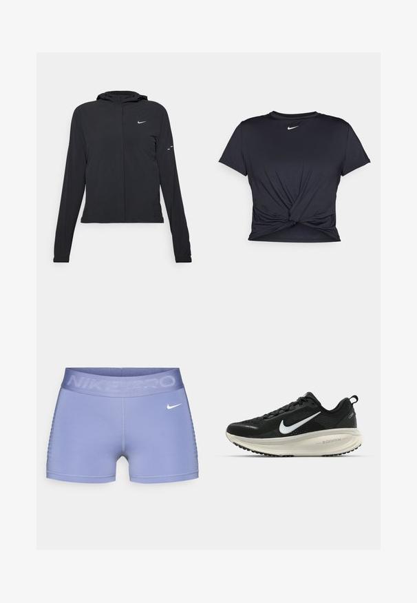 Casaco preto com capuz e mangas longas, feito de material leve. Apresenta um fecho dourado na frente, um logótipo da Nike e detalhes de design subtis.; T-shirt atlético preto feito de tecido liso, apresentando um design frontal com nó e um pequeno logótipo branco da Nike no peito.; Calções de compressão Nike Pro em roxo claro, com uma cintura larga com o texto "NIKE PRO", textura suave e detalhes padronizados nos lados.; Sapatilha de corrida Nike preta com parte superior de malha respirável, logotipo Swoosh branco, detalhes texturizados e uma entressola ZoomX na cor creme.