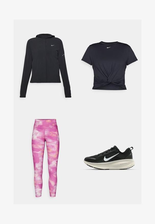 Veste à capuche noire avec des manches longues, fabriquée en matériau léger. Elle comporte une fermeture éclair à l'avant, un logo Nike et des accents de design subtils.; T-shirt de sport noir en tissu lisse, avec un design avant noué et un petit logo Nike blanc sur la poitrine.; Nike Performance ONE 7/8 - Leggings - hot fuchsia/black; Baskets de course noir Nike avec tige respirante en mesh, logo swoosh blanc, détails texturés et semelle intermédiaire ZoomX de couleur crème.