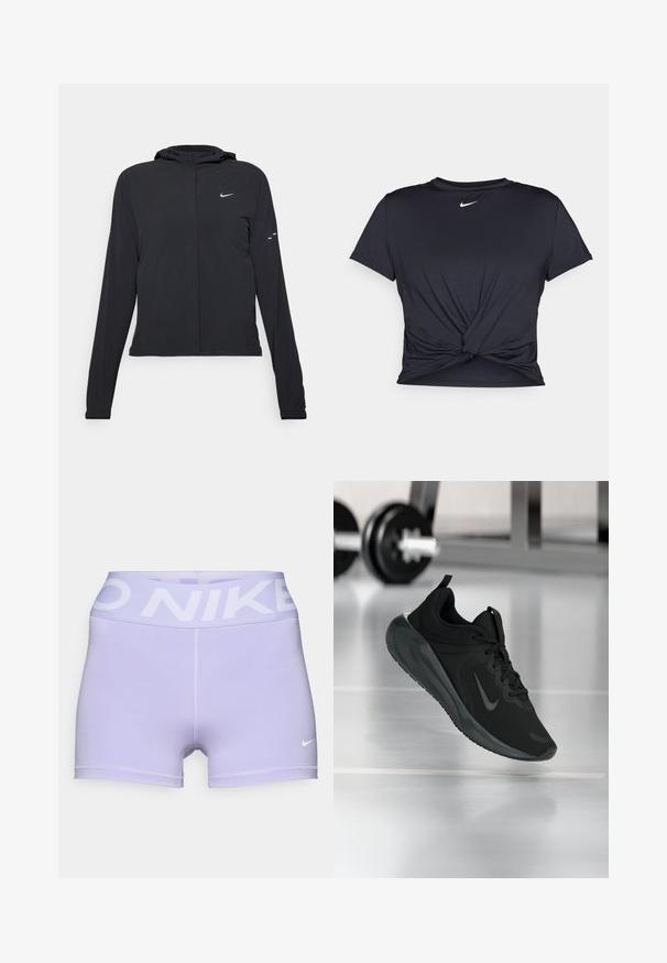 Jachetă neagră cu glugă, cu mâneci lungi, fabricată din material ușor. Dispune de un fermoar frontal, un logo Nike și accente de design subtile.; Tricou sport negru din material neted, cu un design frontal legat și un mic logo Nike alb pe piept.; Șorturi atletice mov, realizate dintr-un material elastic. Dispun de o talie lată cu "NIKE" imprimat în alb și un mic logo alb pe picior.; Tenisii sport negru cu logo-ul Nike, arătați în aer deasupra podelei de sală de sport, cu un suport pentru haltere neclar în fundal.