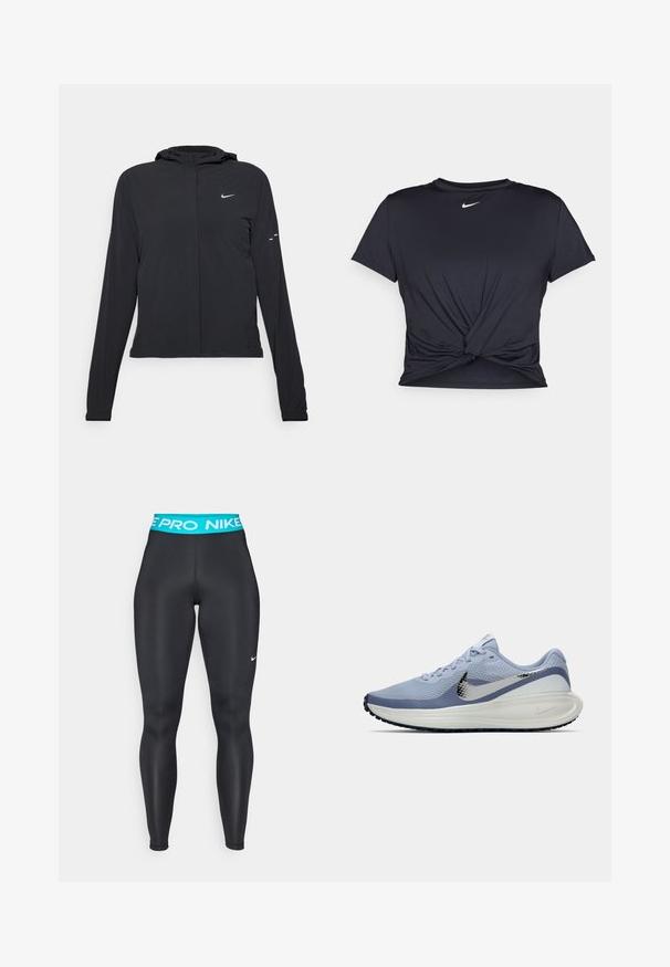 Jachetă neagră cu glugă, cu mâneci lungi, fabricată din material ușor. Dispune de un fermoar frontal, un logo Nike și accente de design subtile.; Tricou sport negru din material neted, cu un design frontal legat și un mic logo Nike alb pe piept.; Colanți atletici negri, cu un tiv elastic turcoaz, având un logo alb Nike pe piciorul stâng. Material neted și elastic.; Adidași de alergare Nike în nuanțe de albastru deschis și alb, cu swoosh argintiu, suprafață din plasă respirabilă, talpă căptușită și tread negru pe talpă.