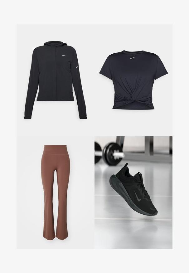 Melnā kapuci jaka ar garām piedurknēm, izgatavota no viegla materiāla. Tam ir priekšējais rāvējslēdzis, Nike logo un smalki dizaina akcenti.; Melna sporta t-kreklu ar gludu audumu, ar mezglošanas priekšpusi un mazu baltu Nike logotipu uz krūšu daļas.; Brūni flared legingi, kas izgatavoti no elastīga materiāla, ar augstu jostasvietu un gludu tekstūru, izstrādāti komfortam un elastībai.; Melnas sporta kedas ar Nike logo, rādot gaisā uz sporta zāles grīdas, ar izplūdušu hantelēm fona.