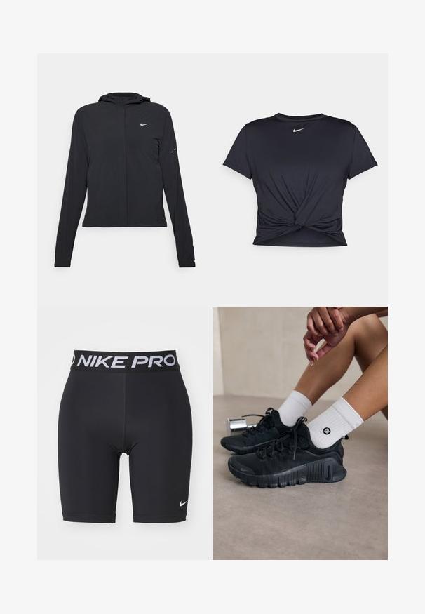 Casaco preto com capuz e mangas longas, feito de material leve. Apresenta um fecho dourado na frente, um logótipo da Nike e detalhes de design subtis.; T-shirt atlético preto feito de tecido liso, apresentando um design frontal com nó e um pequeno logótipo branco da Nike no peito.; Calções atléticos pretos com uma cintura elástica da marca Nike Pro. Feitos de um tecido liso e elástico com um design ajustado e costuras planas.; Sapatilhas atléticas pretas com tecido texturizado, design com atacadores e uma sola proeminente, emparelhadas com meias brancas com nervuras e um pequeno logótipo.