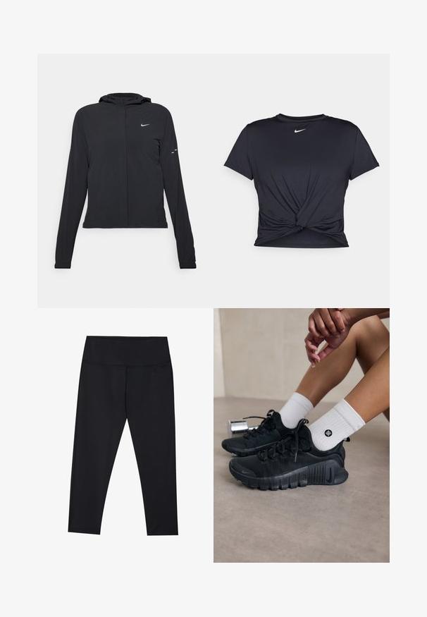 Mustassa hupparissa on pitkät hihat, ja se on valmistettu kevyestä materiaalista. Siinä on edessä vetoketju, Nike-logo ja hillityt muotoiluyksityiskohdat.; Musta urheilu T-paita, joka on valmistettu sileästä kankaasta, jossa on solmittu etuosa ja pieni valkoinen Nike-logo rinnassa.; Mustat legginsit, jotka on valmistettu joustavasta materiaalista, jossa on korkea vyötärö ja tasaiset saumat. Nilkkapituiset, jotka ovat sileät ja mattaiset.; Mustat urheilukengät, joissa on teksturoitu kangas, nauhakiinnitys ja näyttävä pohja, yhdistettyinä valkoisiin ribbikuvioisiin sokkeihin, joissa on pieni logo.