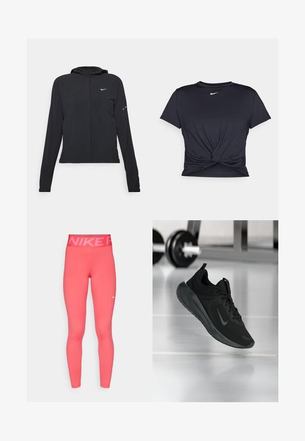 Black hooded jacket with long sleeves, made from lightweight material. Features a front zipper, a Nike logo, and subtle design accents.; Black athletic t-shirt made of smooth fabric, featuring a knotted front design and a small white Nike logo on the chest.; Pink Nike leggings with a high waistband featuring "NIKE" text, made from smooth, stretchy fabric. Includes a small white logo near the ankle.; Black sports sneaker with Nike logo, shown mid-air on gym floor, with blurred dumbbell rack in background.