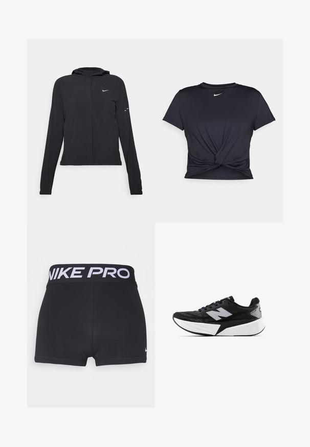 Mustassa hupparissa on pitkät hihat, ja se on valmistettu kevyestä materiaalista. Siinä on edessä vetoketju, Nike-logo ja hillityt muotoiluyksityiskohdat.; Musta urheilu T-paita, joka on valmistettu sileästä kankaasta, jossa on solmittu etuosa ja pieni valkoinen Nike-logo rinnassa.; Mustat urheilushortsit, joissa on leveä musta vyötärö, jossa lukee "NIKE PRO" valkoisella. Näkyy sileä, joustava kangas ja saumat.; Mustat ja valkoiset New Balance -juoksukengät, joissa on paksu pohja, verkkomateriaali päällä ja "N"-logo sivulla, nähtynä ulkopuolelta.