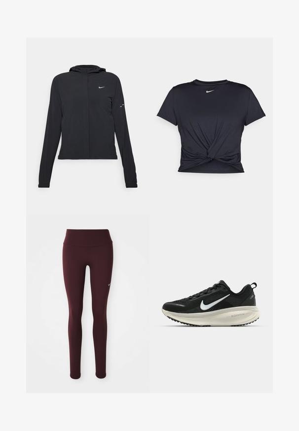 Fekete kapucnis dzseki hosszú ujjakkal, könnyű anyagból készült. Elülső cipzárral, Nike logóval és diszkrét dizájn elemekkel rendelkezik.; Fekete sportpóló sima anyagból, elöl megkötős dizájnnal, a mellkason egy kis fehér Nike logóval.; Burgundi színű sport leggings, magas derékkal, testhez simuló fazonnal és kis fehér logóval a bal lábon. Sima anyagtextúra.; Fekete Nike futócipő légáteresztő hálós felsőrésszel, fehér Swoosh logóval, textúrázott részletekkel és krém színű ZoomX középtalppal.