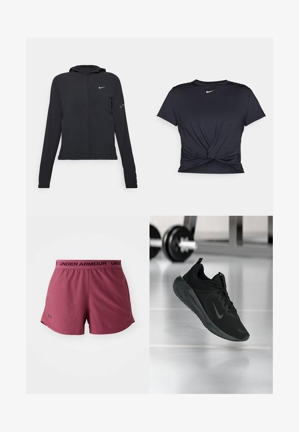 Black hooded jacket with long sleeves, made from lightweight material. Features a front zipper, a Nike logo, and subtle design accents.; Black athletic t-shirt made of smooth fabric, featuring a knotted front design and a small white Nike logo on the chest.; Maroon athletic shorts with a smooth texture, featuring a black elastic waistband with "UNDER ARMOUR" logo. Side slit design for flexibility.; Black sports sneaker with Nike logo, shown mid-air on gym floor, with blurred dumbbell rack in background.