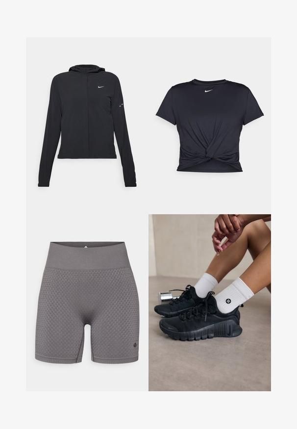 Zwarte kaptrui met lange mouwen, gemaakt van lichtgewicht materiaal. Voorzien van een ritssluiting aan de voorkant, een Nike-logo en subtiele ontwerpelementen.; Zwarte sportieve T-shirt van gladde stof, met een geknoopt ontwerp aan de voorkant en een klein wit Nike-logo op de borst.; Grijze sportshorts met textuur, voorzien van een brede elastische tailleband en een subtiel logo aan de onderzijde links. De stof heeft een gedetailleerd patroon.; Zwarte sport schoenen van een gestructureerde stof, met vetersluiting en een opvallende zool, gecombineerd met witte geribbelde sokken met een klein logo.