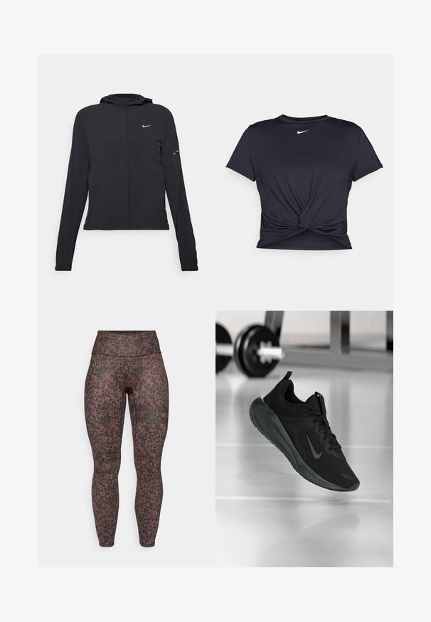 Black hooded jacket with long sleeves, made from lightweight material. Features a front zipper, a Nike logo, and subtle design accents.; Black athletic t-shirt made of smooth fabric, featuring a knotted front design and a small white Nike logo on the chest.; High-waisted leggings in a brown and black leopard print pattern, made from stretchy material, featuring a smooth finish and fitted design.; Black sports sneaker with Nike logo, shown mid-air on gym floor, with blurred dumbbell rack in background.