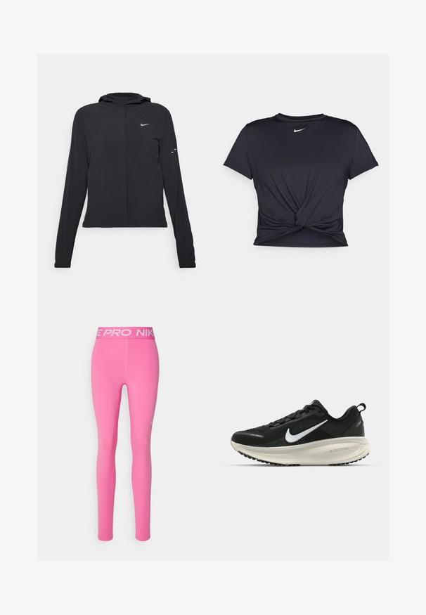 Fekete kapucnis dzseki hosszú ujjakkal, könnyű anyagból készült. Elülső cipzárral, Nike logóval és diszkrét dizájn elemekkel rendelkezik.; Fekete sportpóló sima anyagból, elöl megkötős dizájnnal, a mellkason egy kis fehér Nike logóval.; Rózsaszín sport leggings, elasztikus anyagból, széles gumis derékkal, amelyen "NIKE PRO" felirat található, és egy kis fehér Nike logó.; Fekete Nike futócipő légáteresztő hálós felsőrésszel, fehér Swoosh logóval, textúrázott részletekkel és krém színű ZoomX középtalppal.