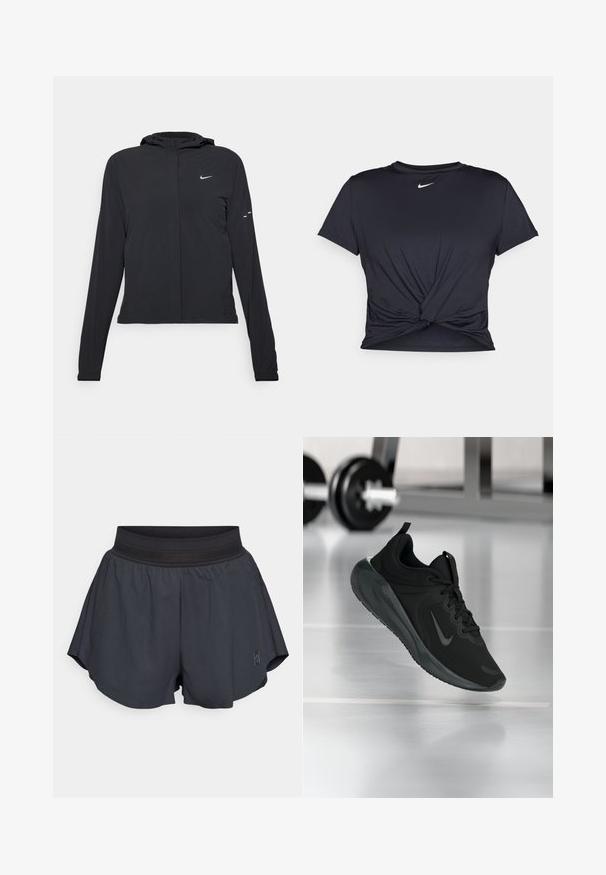Must musta kapuutsiga jakk, millel on pikad varrukad ja mis on valmistatud kergetest materjalidest. Omab esitaskut, Nike logo ja kergelt silmatorkavaid disainiaktsente.; Mustmust musta sportlik T-särk, mis on valmistatud sujuvast kangast, millel on sõlmega esikülg ja väike valge Nike logo rinnal.; Mustad must sportlikud lühikesed püksid, millel on pehme elastne vöökoht, lõtv lõige, kerge pleatide detail külgedel ja väike logo alumisel esiosas.; Mustad mustang spordijalatsid Nike logo'ga, õhus spordisaali põrandal, häguste hantlite riiulitega taustal.