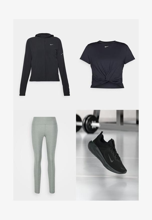Black hooded jacket with long sleeves, made from lightweight material. Features a front zipper, a Nike logo, and subtle design accents.; Black athletic t-shirt made of smooth fabric, featuring a knotted front design and a small white Nike logo on the chest.; Light green leggings made of a stretchy fabric, featuring a smooth texture, high waistband, and fitted design. No visible patterns or accents.; Black sports sneaker with Nike logo, shown mid-air on gym floor, with blurred dumbbell rack in background.