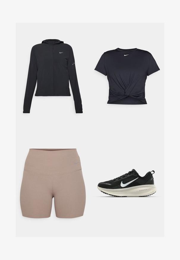 Jachetă neagră cu glugă, cu mâneci lungi, fabricată din material ușor. Dispune de un fermoar frontal, un logo Nike și accente de design subtile.; Tricou sport negru din material neted, cu un design frontal legat și un mic logo Nike alb pe piept.; Shorts Nike cu talie înaltă, de culoare maro deschis, fabricate dintr-un material neted și elastic; prezintă un logo subtil și o cusătură curată.; Pantofii de alergare negri de la Nike, cu parte superioară din plasă respirabilă, logo-ul alb Swoosh, detalii texturate și o talpă intermediară ZoomX de culoare crem.