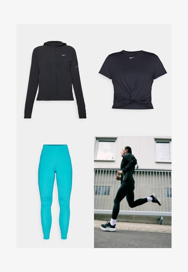 Black hooded jacket with long sleeves, made from lightweight material. Features a front zipper, a Nike logo, and subtle design accents.; Black athletic t-shirt made of smooth fabric, featuring a knotted front design and a small white Nike logo on the chest.; Turquoise leggings with a high waistband, made of stretchy material. Features smooth texture and side seams, fitted design for ease of movement.; Black athletic jacket with neon accents, black leggings, and black running shoes with white soles, set against a light gray background.