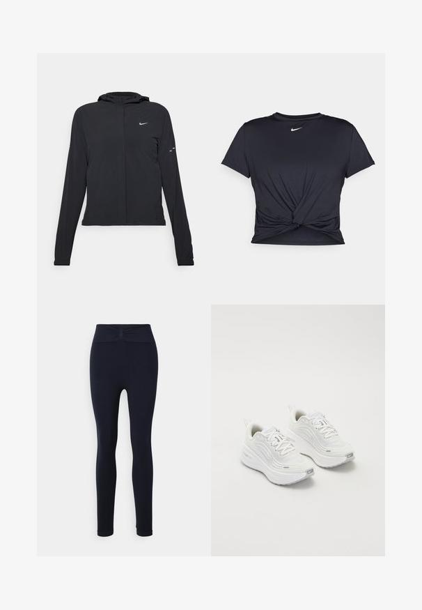 Casaco preto com capuz e mangas longas, feito de material leve. Apresenta um fecho dourado na frente, um logótipo da Nike e detalhes de design subtis.; T-shirt atlético preto feito de tecido liso, apresentando um design frontal com nó e um pequeno logótipo branco da Nike no peito.; Yogasearcher NALA - Leggings - navy; Tênis atléticos brancos com um cabedal de malha texturizada, sola acolchoada e discretos detalhes em cinza. Inclui logótipo e aba de calcanhar em laço para facilitar o calçar.