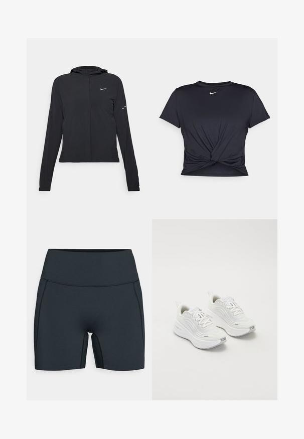 Veste à capuche noire avec des manches longues, fabriquée en matériau léger. Elle comporte une fermeture éclair à l'avant, un logo Nike et des accents de design subtils.; T-shirt de sport noir en tissu lisse, avec un design avant noué et un petit logo Nike blanc sur la poitrine.; Shorts de sport noirs en tissu extensible, dotés d'une taille haute, de coutures latérales et d'un design épuré pour le confort et la mobilité.; Baskets de sport blanches avec une tige en maille texturée, une semelle rembourrée et de subtils accents gris. Comprend un logo et une languette en boucle au talon pour un enfilage facile.