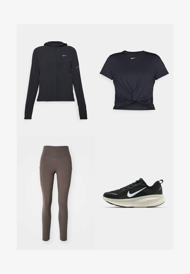 Svart huva jacka med långa ärmar, gjord av lätt material. Har en framdragare, en Nike-logotyp och subtila designelement.; Svart atletisk t-shirt i mjukt tyg, med en knuten framdesign och en liten vit Nike-logga på bröstet.; Nike Performance ONE 7/8 - Tights - ironstone; Svart Nike löparsko med andningsbart mesh-ovandel, vit swoosh-logotyp, texturerad detaljering och en krämfärgad ZoomX-mellansula.