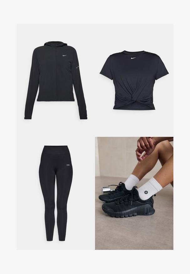 Svart huva jacka med långa ärmar, gjord av lätt material. Har en framdragare, en Nike-logotyp och subtila designelement.; Svart atletisk t-shirt i mjukt tyg, med en knuten framdesign och en liten vit Nike-logga på bröstet.; Svarta leggings med hög midja, tillverkade av ett smidigt och stretchigt material. Har en liten logotypdetalj vid midjan.; Svarta sportskor med texturerat tyg, snörning och en framträdande sula, tillsammans med vita ribbade strumpor med en liten logotyp.