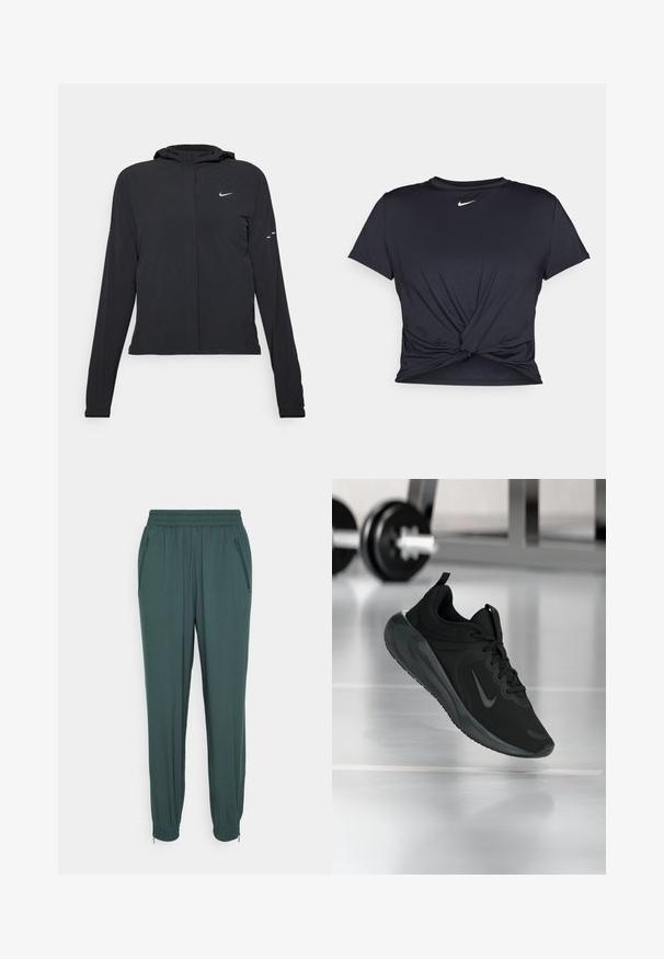 Casaco preto com capuz e mangas longas, feito de material leve. Apresenta um fecho dourado na frente, um logótipo da Nike e detalhes de design subtis.; T-shirt atlético preto feito de tecido liso, apresentando um design frontal com nó e um pequeno logótipo branco da Nike no peito.; Calças jogger verdes escuras feitas de material macio, com cintura elástica, bolsos laterais com fecho e punhos elásticos.; Sapatilha desportiva preta com o logotipo da Nike, mostrada em pleno ar sobre o chão do ginásio, com um suporte de halteres desfocado ao fundo.
