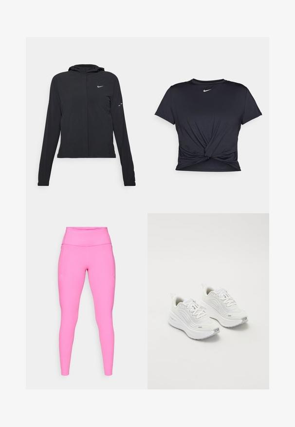 Black hooded jacket with long sleeves, made from lightweight material. Features a front zipper, a Nike logo, and subtle design accents.; Black athletic t-shirt made of smooth fabric, featuring a knotted front design and a small white Nike logo on the chest.; Pink leggings made of elastic material, featuring a high waistband and side pockets, with smooth finish and minimal stitching details.; White athletic shoes with a textured mesh upper, cushioned sole, and subtle grey accents. Includes branding and looped heel tab for easy wear.