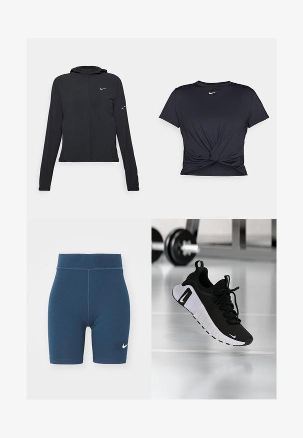 Casaco preto com capuz e mangas longas, feito de material leve. Apresenta um fecho dourado na frente, um logótipo da Nike e detalhes de design subtis.; T-shirt atlético preto feito de tecido liso, apresentando um design frontal com nó e um pequeno logótipo branco da Nike no peito.; Calções de desporto azul-marinho feitos de tecido elástico, com um design ajustado e um logotipo branco da Nike na perna esquerda. Cintura sem costuras.; Sapato desportivo preto com parte superior em tecido texturizado, sola branca e sistema de atacadores proeminente. Apresenta um logótipo da Nike e um design macio e acolchoado.