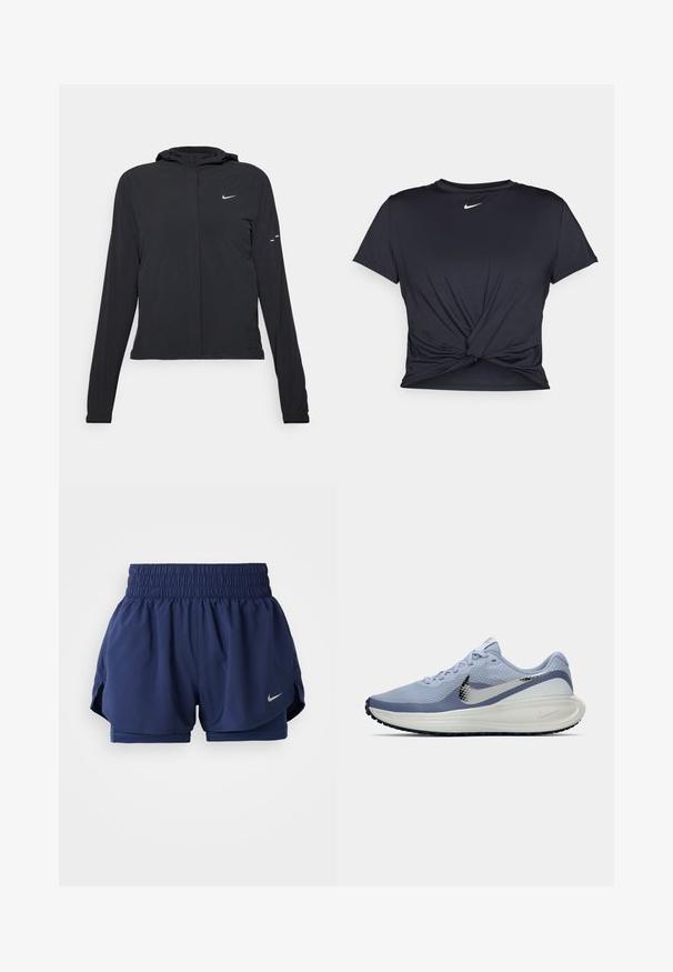 Must musta kapuutsiga jakk, millel on pikad varrukad ja mis on valmistatud kergetest materjalidest. Omab esitaskut, Nike logo ja kergelt silmatorkavaid disainiaktsente.; Mustmust musta sportlik T-särk, mis on valmistatud sujuvast kangast, millel on sõlmega esikülg ja väike valge Nike logo rinnal.; Tumesinised spordilühikesed püksid, millel on kumer elastne vöökoht, sisemine vooder ja külgsidemed. Esiosas on väike hõbedane Nike logo.; Heledadsinine ja valge Nike jooksutoss, millel on hõbedane swoosh, hingav võrkmaterjal, pehmendatud tallad ja must välispind.