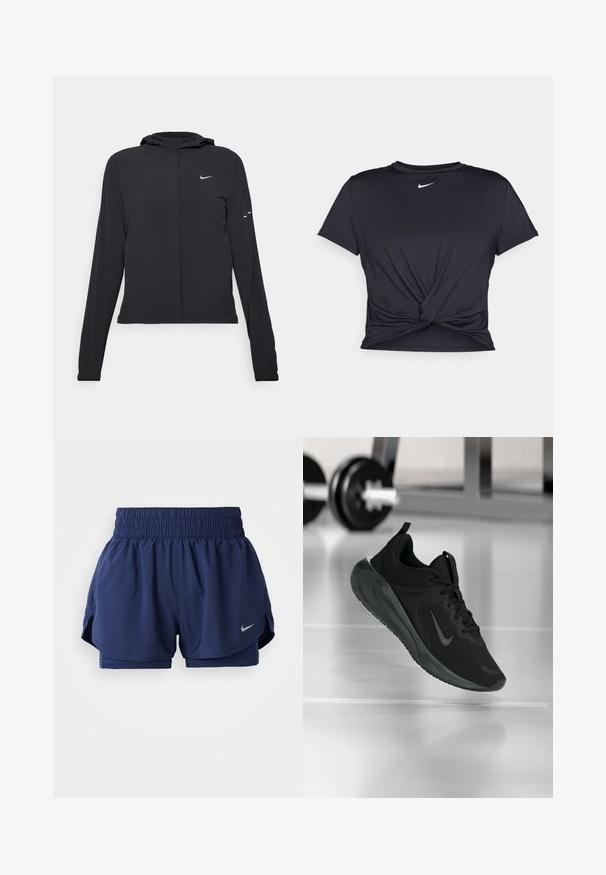 Črna kapuča s dolgimi rokavi, izdelana iz lahkega materiala. Ima sprednji zadrgo, logotip Nike in subtilne oblikovne detajle.; Črna atletska majica iz gladkega materiala, z vozlanim sprednjim delom in majhnim belim logotipom Nike na prsih.; Mornarske atletske kratke hlače z smučanjem elastičnega pasu, notranjo oblogo in stranskimi razpokami. Imajo majhen srebrni Nike logotip na spodnjem sprednjem delu.; Črne športne teniske z logotipom Nike, prikazane v zraku na telovadni talni površini, v ozadju pa zamegljena vrsta uteži.