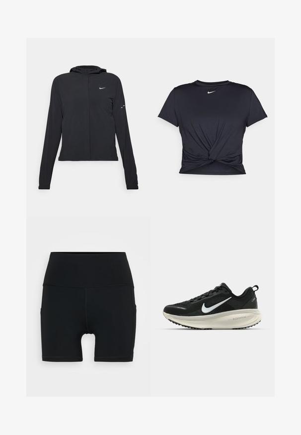 Fekete kapucnis dzseki hosszú ujjakkal, könnyű anyagból készült. Elülső cipzárral, Nike logóval és diszkrét dizájn elemekkel rendelkezik.; Fekete sportpóló sima anyagból, elöl megkötős dizájnnal, a mellkason egy kis fehér Nike logóval.; Fekete sportnadrág rugalmas anyagból, magas derekú, testhezálló fazonban, lapos varrásokkal a kényelem és tartósság érdekében.; Fekete Nike futócipő légáteresztő hálós felsőrésszel, fehér Swoosh logóval, textúrázott részletekkel és krém színű ZoomX középtalppal.
