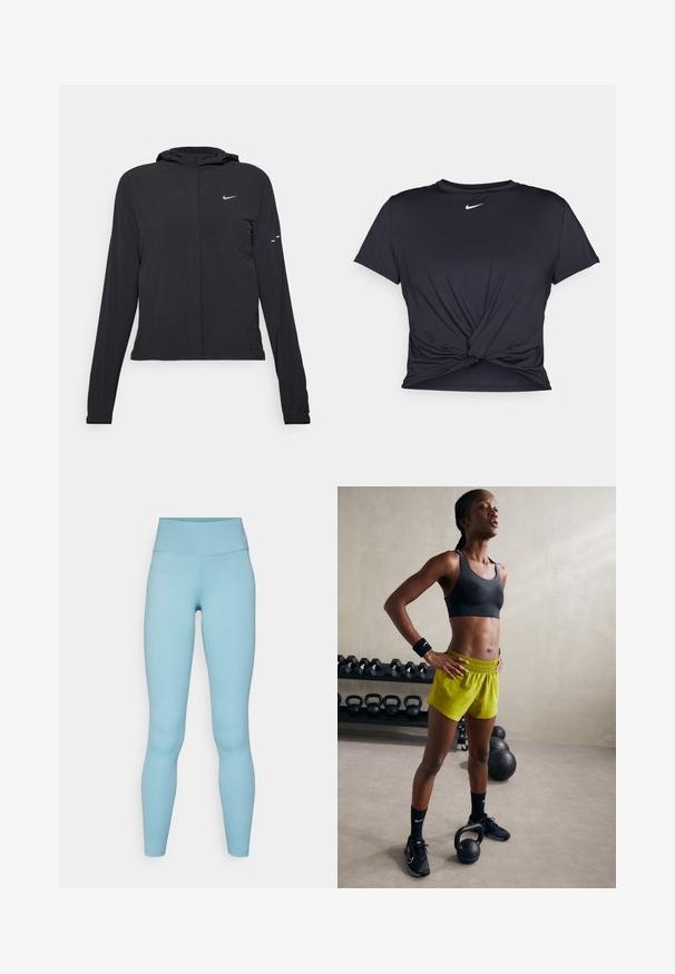 Svart hettegenser med lange ermer, laget av lett materiale. Har glidelås foran, Nike-logo og subtile design detaljer.; Svart trenings T-skjorte laget av glatt stoff, med en knyttet frontdesign og en liten hvit Nike-logo på brystet.; Lyseblå leggings laget av elastisk stoff, med høy midje og en jevn, ensartet tekstur uten synlige mønstre eller maskinvare.; Svart sports-bh, lyse gule shorts med elastisk midje, svarte joggesko og håndleddsbånd, står ved siden av kettlebells.