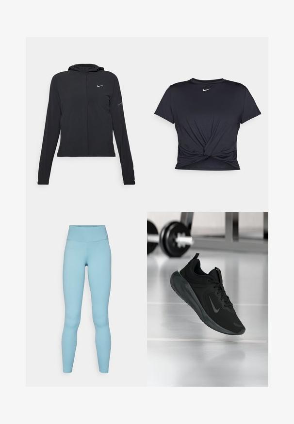 Casaco preto com capuz e mangas longas, feito de material leve. Apresenta um fecho dourado na frente, um logótipo da Nike e detalhes de design subtis.; T-shirt atlético preto feito de tecido liso, apresentando um design frontal com nó e um pequeno logótipo branco da Nike no peito.; Leggings azul claro feitos de um tecido elástico, com uma cintura alta e uma textura suave e uniforme, sem padrões ou acessórios visíveis.; Sapatilha desportiva preta com o logotipo da Nike, mostrada em pleno ar sobre o chão do ginásio, com um suporte de halteres desfocado ao fundo.