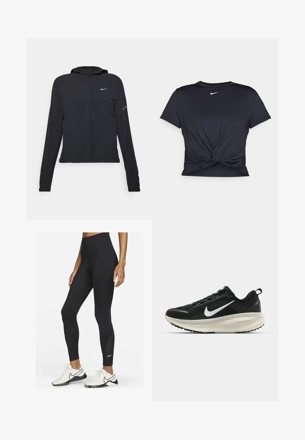 Zwarte kaptrui met lange mouwen, gemaakt van lichtgewicht materiaal. Voorzien van een ritssluiting aan de voorkant, een Nike-logo en subtiele ontwerpelementen.; Zwarte sportieve T-shirt van gladde stof, met een geknoopt ontwerp aan de voorkant en een klein wit Nike-logo op de borst.; Nike Performance ONE - Tights - black white; Zwarte Nike hardloopschoen met ademend mesh bovenwerk, witte swoosh-logo, gestructureerde details en een crèmekleurige ZoomX middenzool.