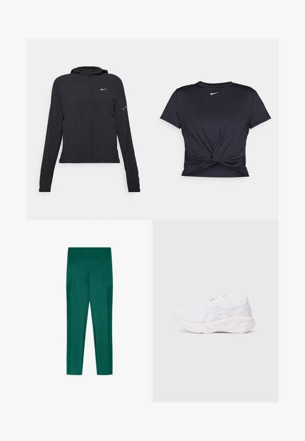 Schwarze Kapuzenjacke mit langen Ärmeln, aus leichtem Material gefertigt. Sie hat einen vorderen Reißverschluss, ein Nike-Logo und dezente Designelemente.; Schwarzes Sport-T-Shirt aus glattem Stoff, mit einem geknoteten Vorderdesign und einem kleinen weißen Nike-Logo auf der Brust.; Grüne Leggings aus dehnbarem Material, mit hohem Bund und seitlichen Taschen, glatter Textur und figurbetontem Design.; Weißer Sportschuh mit einem atmungsaktiven Obermaterial aus Netzgewebe und gepolsterter Sohle, ausgestattet mit einem strukturierten Muster und minimalistischen Designelementen.