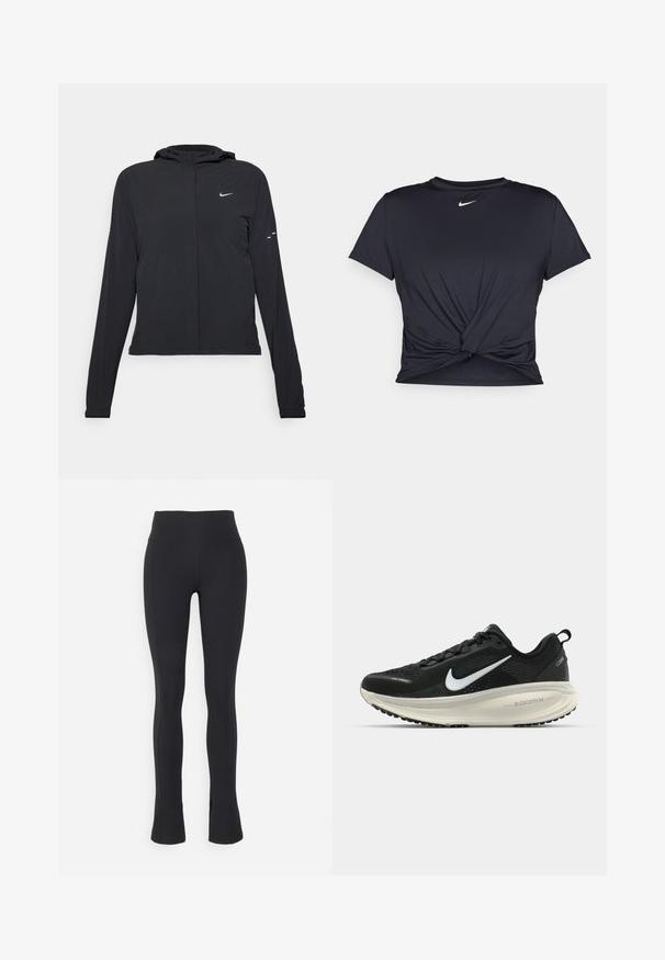 Casaco preto com capuz e mangas longas, feito de material leve. Apresenta um fecho dourado na frente, um logótipo da Nike e detalhes de design subtis.; T-shirt atlético preto feito de tecido liso, apresentando um design frontal com nó e um pequeno logótipo branco da Nike no peito.; Nike Performance ONE SPLIT HEM - Leggings - black; Sapatilha de corrida Nike preta com parte superior de malha respirável, logotipo Swoosh branco, detalhes texturizados e uma entressola ZoomX na cor creme.