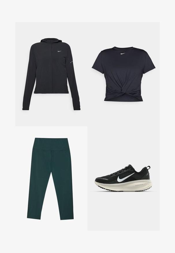 Jachetă neagră cu glugă, cu mâneci lungi, fabricată din material ușor. Dispune de un fermoar frontal, un logo Nike și accente de design subtile.; Tricou sport negru din material neted, cu un design frontal legat și un mic logo Nike alb pe piept.; Leggings capri verde închis cu talie înaltă, fabricate dintr-un material neted și elastic. Prezintă cusături plate și o siluetă ajustată.; Pantofii de alergare negri de la Nike, cu parte superioară din plasă respirabilă, logo-ul alb Swoosh, detalii texturate și o talpă intermediară ZoomX de culoare crem.