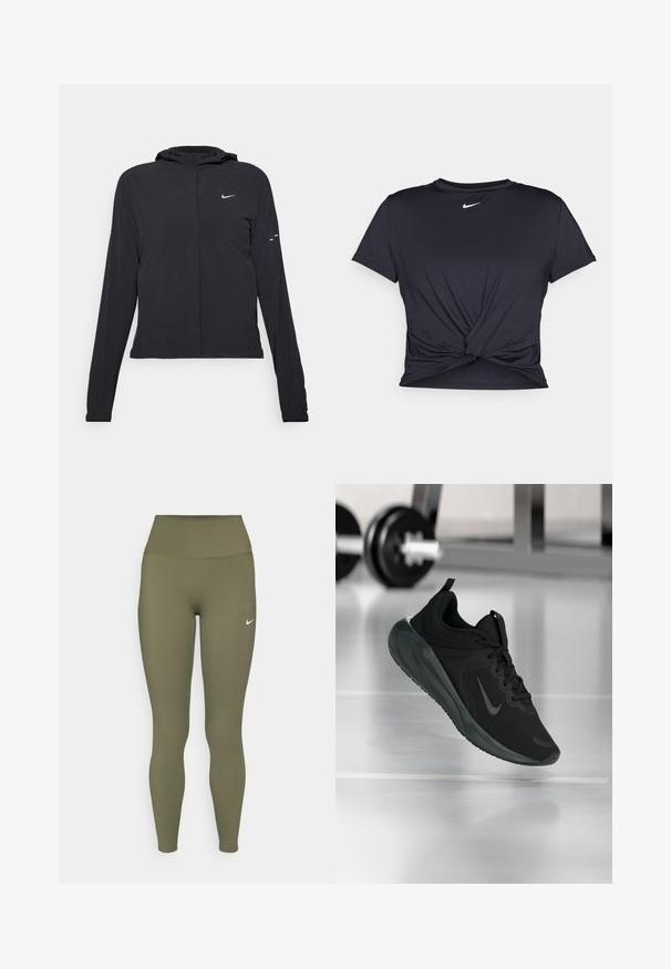 Crna jakna s kapuljačom i dugim rukavima, izrađena od laganog materijala. Ima prednji patentni zatvarač, Nike logo i suptilne dizajnerske detalje.; Crni trenirac s kratkim rukavima izrađen od glatkog materijala, s čvorastim dizajnom sprijeda i malim bijelim Nike logotipom na prsima.; Maslinaste zelene tajice s visokim pojasom, izrađene od glatkog, rastezljivog materijala, s malim bijelim logotipom blizu pojasa.; Crna sportska tenisica s Nike logotipom, prikazana u zraku na podu teretane, s mutnom stalcem za bučice u pozadini.