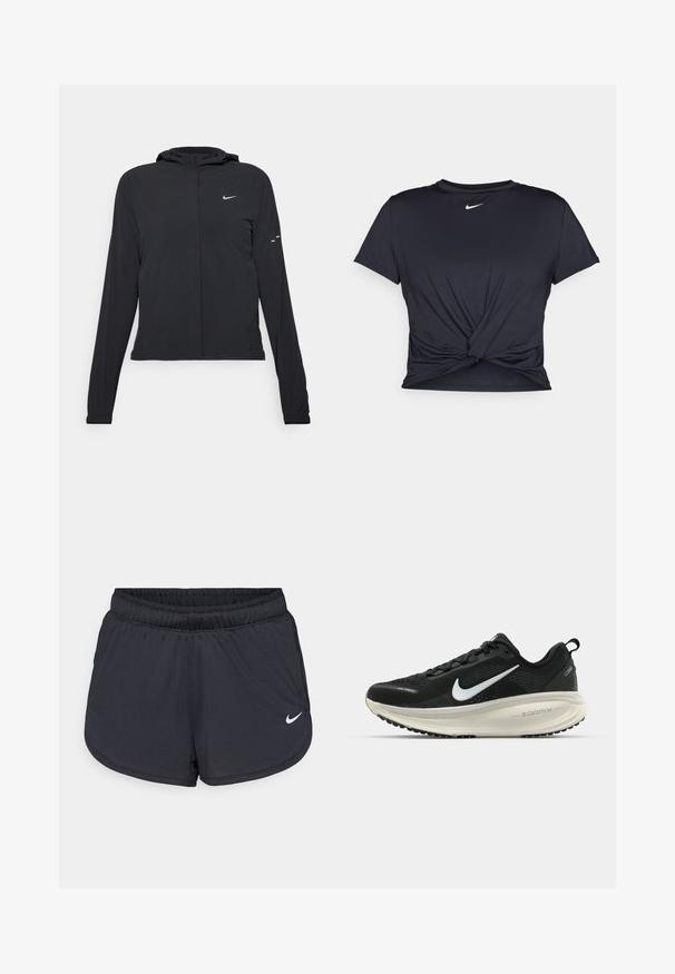 Casaco preto com capuz e mangas longas, feito de material leve. Apresenta um fecho dourado na frente, um logótipo da Nike e detalhes de design subtis.; T-shirt atlético preto feito de tecido liso, apresentando um design frontal com nó e um pequeno logótipo branco da Nike no peito.; Calções atléticos pretos com cintura elástica, apresentando um design desportivo e um logótipo Nike branco na parte inferior da frente. Tecido texturizado.; Sapatilha de corrida Nike preta com parte superior de malha respirável, logotipo Swoosh branco, detalhes texturizados e uma entressola ZoomX na cor creme.