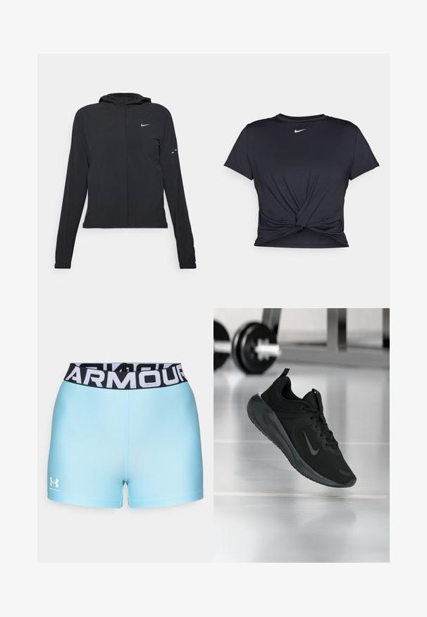 Schwarze Kapuzenjacke mit langen Ärmeln, aus leichtem Material gefertigt. Sie hat einen vorderen Reißverschluss, ein Nike-Logo und dezente Designelemente.; Schwarzes Sport-T-Shirt aus glattem Stoff, mit einem geknoteten Vorderdesign und einem kleinen weißen Nike-Logo auf der Brust.; Hellblaue Sportshorts mit einem schwarzen Bund, auf dem der weiße Schriftzug "ARMOUR" zu sehen ist. Das Material wirkt glatt und hat eine enganliegende Passform. Das Under Armour-Logo ist sichtbar.; Schwarzer Sportsneaker mit Nike-Logo, mid-air über dem Boden des Fitnessstudios, mit unscharfem Hantelregal im Hintergrund.