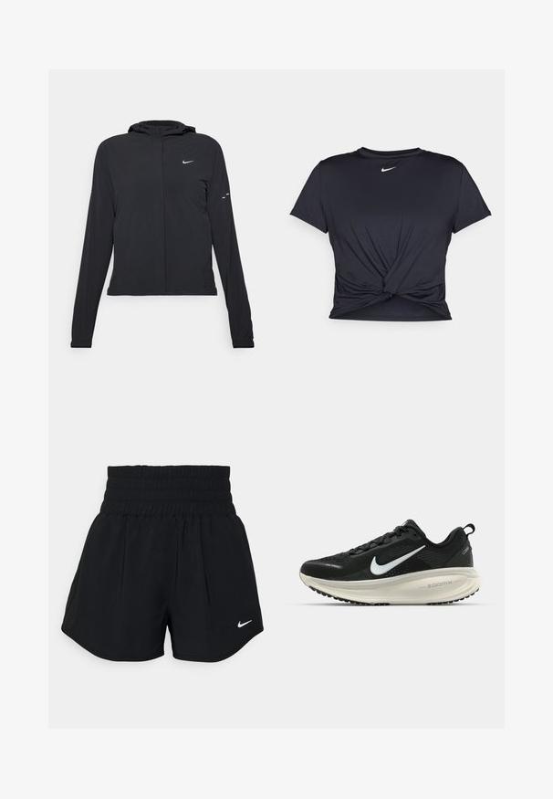 Chaqueta negra con capucha y mangas largas, hecha de un material ligero. Presenta un cierre frontal, un logo de Nike y acentos de diseño sutiles.; Camiseta atlética negra hecha de tela suave, con un diseño de nudo en la parte delantera y un pequeño logo blanco de Nike en el pecho.; Pantalones cortos deportivos negros con cintura elástica, diseño con pliegues y pequeño logotipo blanco de Nike en el dobladillo inferior izquierdo.; Zapatilla de running Nike negra con parte superior de malla transpirable, logo Swoosh blanco, detalles texturizados y una entresuela ZoomX de color crema.