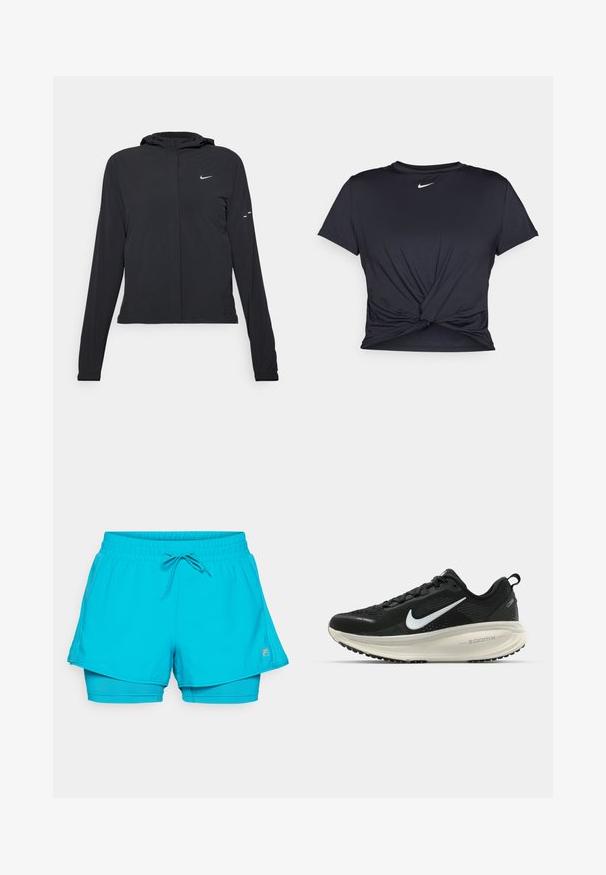 Mustassa hupparissa on pitkät hihat, ja se on valmistettu kevyestä materiaalista. Siinä on edessä vetoketju, Nike-logo ja hillityt muotoiluyksityiskohdat.; Musta urheilu T-paita, joka on valmistettu sileästä kankaasta, jossa on solmittu etuosa ja pieni valkoinen Nike-logo rinnassa.; Aqua siniset urheilushortsit, joissa on kiristysnauha vyötäröllä. Shortsien muotoilu on kerroksellinen, ja niiden sisällä on istuvat shortsit. Ne on valmistettu kevyestä ja joustavasta kankaasta.; Mustat Nike-juoksukengät, joissa on hengittävä verkko-osa, valkoinen swoosh-logo, teksturoitu yksityiskohtaus ja kermaisen värinen ZoomX-välipohja.