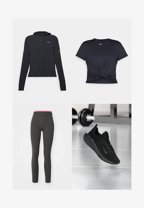 Crna jakna s kapuljačom i dugim rukavima, izrađena od laganog materijala. Ima prednji patentni zatvarač, Nike logo i suptilne dizajnerske detalje.; Crni trenirac s kratkim rukavima izrađen od glatkog materijala, s čvorastim dizajnom sprijeda i malim bijelim Nike logotipom na prsima.; Crne tajice s visokim ružičastim pojasom, izrađene od glatkog, rastezljivog materijala. Imaju ravne šavove i logo u donjem lijevom kutu.; Crna sportska tenisica s Nike logotipom, prikazana u zraku na podu teretane, s mutnom stalcem za bučice u pozadini.